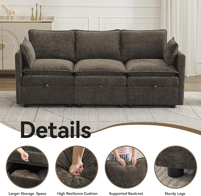 80" Cloud 3 Seater Sectional Modular Couch with Storage, Upholstered Storage Sofa Modern Couch Deep Seat, Chenille Convertible Sofa Comfy Couches with Armrests for Living Room, Small Space, Brown