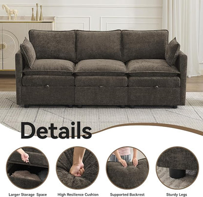 80" Cloud 3 Seater Sectional Modular Couch with Storage, Upholstered Storage Sofa Modern Couch Deep Seat, Chenille Convertible Sofa Comfy Couches with Armrests for Living Room, Small Space, Brown