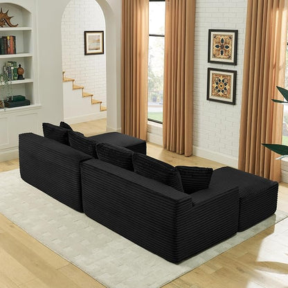 115" U-Shaped Cloud Sectional Couch, Modular Compressed Boneless Sectional Sofa W/Reversible Ottoman Chaise Lounge, Plush Corduroy Boneless Symmetrical Sofa for Living Room