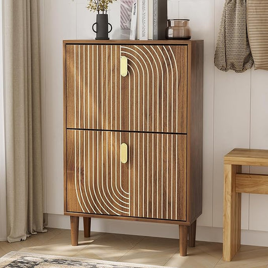 Shoe Storage Cabinet with 2 Flip Drawers, 23.6"(W) Freestanding Shoe Organizer with Metal Handles for Entryway, Narrow Shoe Rack Cabinet