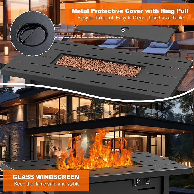 Shintenchi 44" Outdoor Propane Fire Pit 50,000 BTU Gas Fire Pit Table with Lid, Waterproof Cover, Rectangle Gas Firepit Table for Garden/Patio, CSA Certification, Black