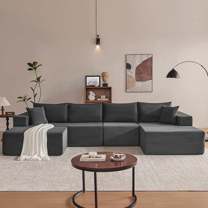 Mangodan 140” Cloud Sectional Couch, Boneless Sofa for Living Room, Modular Sectional Sofa with Deep Seat, Comfy Fluffy U-Shaped Couch with Right-Facing Chaise, No Assembly Required, Grey