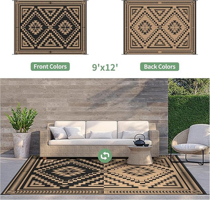 GENIMO Outdoor Rug for Patio Clearance - 9x12 ft Waterproof Plastic Camping Rugs, Reversible Outside Rv Mat Carpet for Porch, Deck, Picnic, Balcony, Beach, Backyard, Black Brown