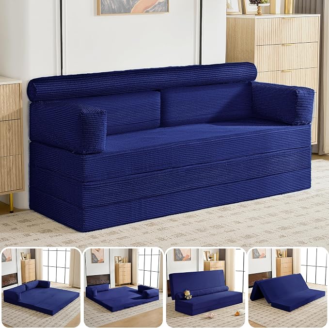 5-in-1 Convertible Sofa Bed, 78" Boneless Couch Tri Folding Mattress with Removable L-Shaped Armrests, Corduroy Futon Couch Sleeper with Pull Out Bed for Living Room Bedroom Apartment, Blue