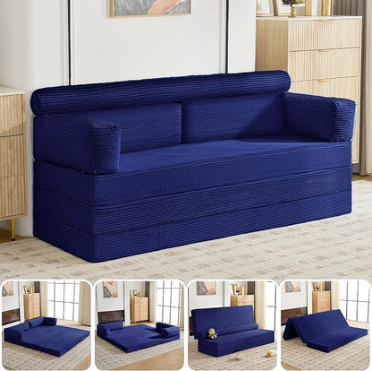 5-in-1 Convertible Sofa Bed, 78" Boneless Couch Tri Folding Mattress with Removable L-Shaped Armrests, Corduroy Futon Couch Sleeper with Pull Out Bed for Living Room Bedroom Apartment, Blue