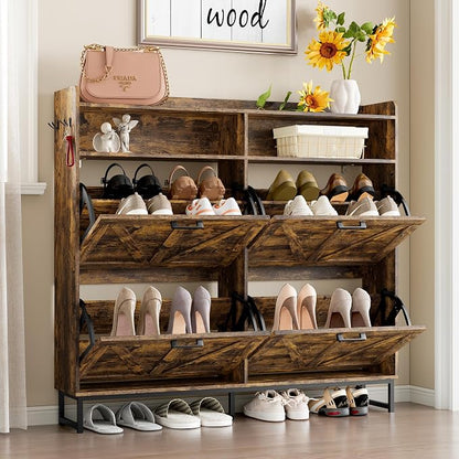 BORNOON Shoe Cabinet with 4 Flip Drawers Narrow Shoe Storage Cabinet Organizer Wooden Freestanding Shoe Rack Hidden Slim Shoes Storage Cabinet for Entryway, Hallway, Living Room, Bedroom