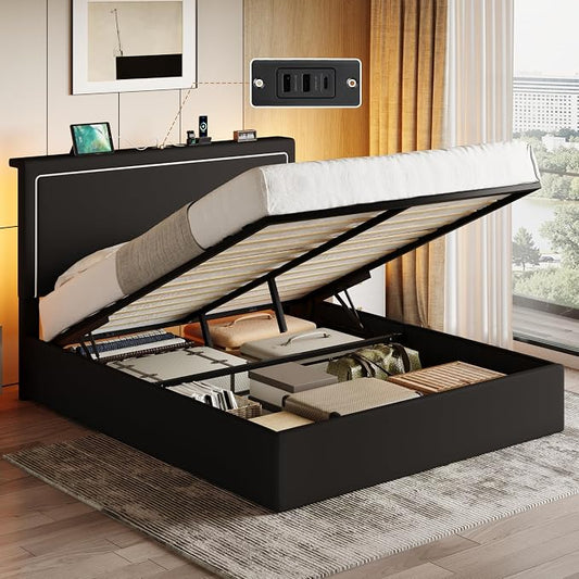 SHA CERLIN Queen Size Hydraulic Lift-Up Storage Platform Bed Frame with Charging Station, RGB LED Lights, Adjustable Velvet Headboard, USB-A and USB-C Ports, No Box Spring Needed, Black