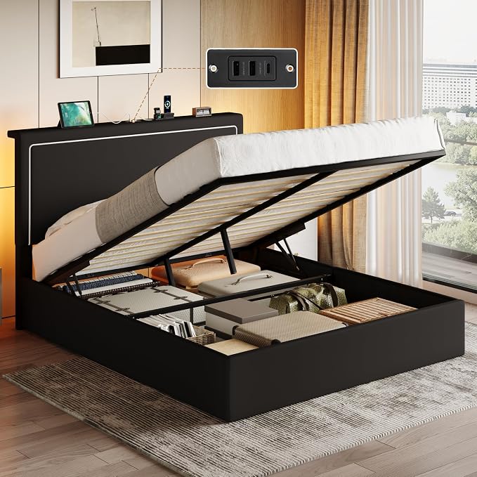 SHA CERLIN Full Size Hydraulic Lift-Up Storage Platform Bed Frame with Charging Station, RGB LED Lights, Adjustable Velvet Headboard, USB-A and USB-C Ports, No Box Spring Needed, Black