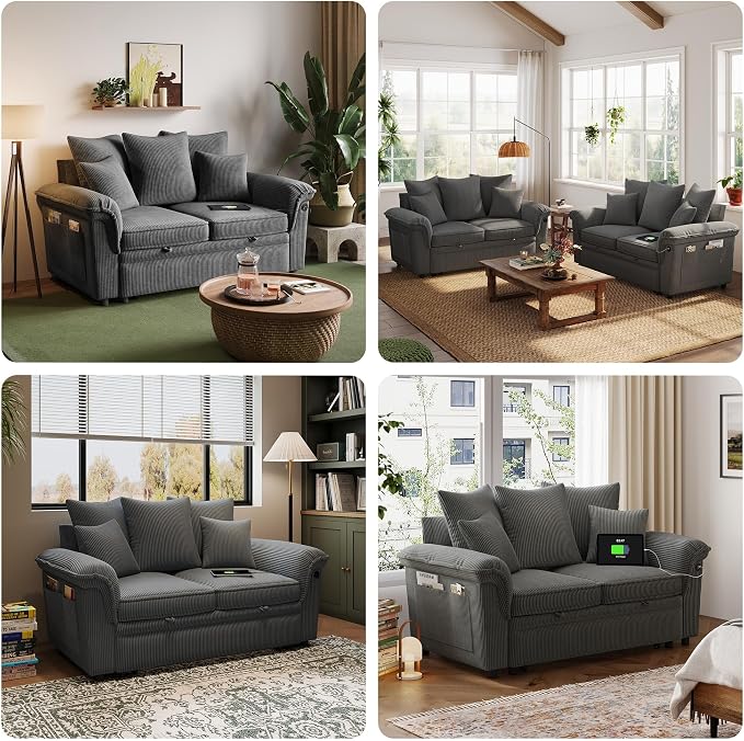 LINSY HOME Sectional Loveseat Sofa with Pull Out Chaise (Gray, 62.5'') | USB Charging