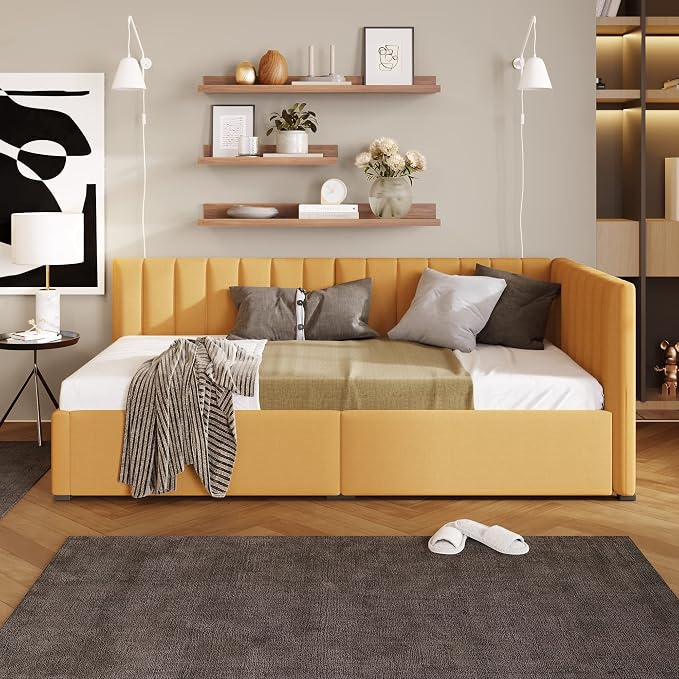 Merax Upholstered Daybed with 2 Storage Drawers, Twin Size Sofa Bed Frame, No Box Spring Needed, Linen Fabric, Yellow