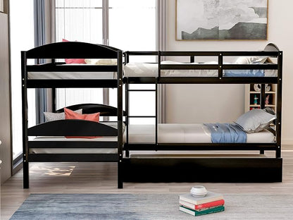 Flieks Four L Shaped Bunk Beds Twin-Over-Twin-Over-Twin-Over-Twin with Trundle, Divides into 2 Beds for 5, Family & Teens, No Box Spring Required