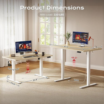 Huuger Electric Standing Desk with Power Outlets and USB-C Port, 47 X 24 Inch Height Adjustable Desk, Sit Stand Desk for Home Office, Computer & Gaming Desk with 4 Presets, Stable Steel Frame, Marple