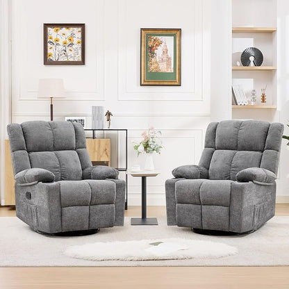 360°Swivel Rocker Recliner Chair Set of 2,Rocking Recliner Chair with Adjustable Headrest for Adults,Upholstered Fabric Rocking Chair Swivel for Bedroom,Living Room,Grey