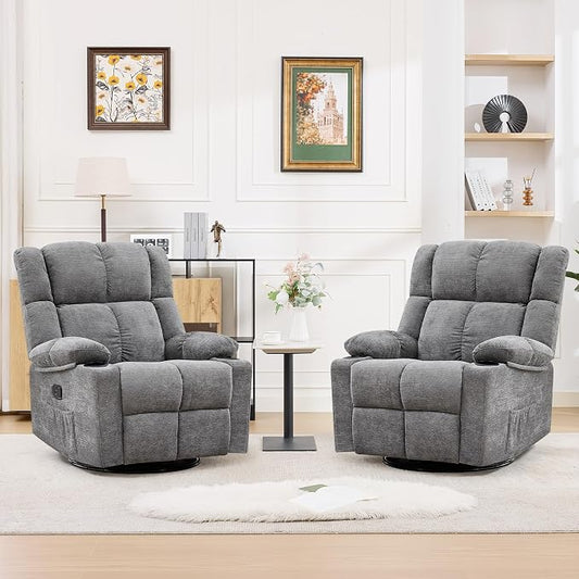360°Swivel Rocker Recliner Chair Set of 2,Rocking Recliner Chair with Adjustable Headrest for Adults,Upholstered Fabric Rocking Chair Swivel for Bedroom,Living Room,Grey