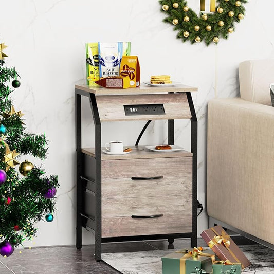 SZLHANJZ Storage End Table, Charging Nightstand with 2 Drawers, Small Fabric Night Stand for Bedside, Wood and Metal Side Table for Living Room, Dorm, Grey Oak