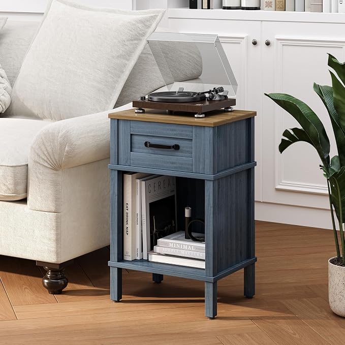 Small Farmhouse Nightstand, Wood Night Stand Set, End Table with Drawer, Small Rustic Wooden Bedside Table, Bed Side Table for Bedroom, Blue end Table with Storage for Bedroom LET512LR