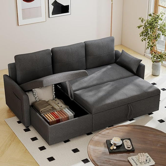 L Shaped Sleeper Sofa Bed with Storage: 81" Grey L Shaped Couch with Pull Out Bed, Queen Size Corner Sectional Couch with Storage Chaise, Convertible Sofa Beds Space Saving