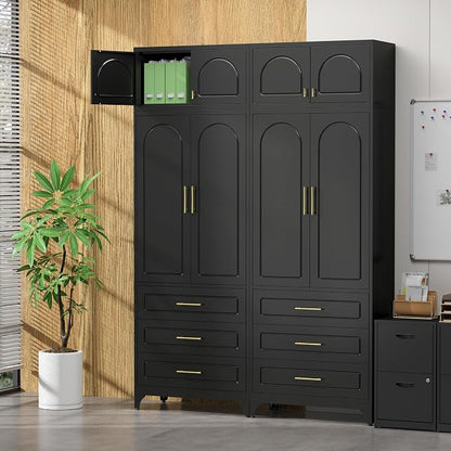 SteeLoong Kitchen Pantry Cabinet，90" Storage Cabinets with Doors and Shelves,Metal Pantry Cabinet with 3 Drawers,Black Kitchen Cupboard for Livingroom,Pantry, Bathroom