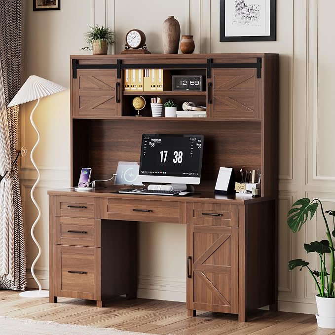 LUMISOL Farmhouse Executive Desk with Hutch and Charging Station, Computer Desk with 2 Sliding Barn Doors, 5 Drawers and Storage Cabinet with 3-Position Adjustable Shelf, Walnut