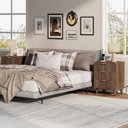 Lulive Wood 3 Drawers Dresser Fluted Night Stand with Charging Station, Storage Nightstand Modern Side Table, Bedside Table for Bedroom, Entryway