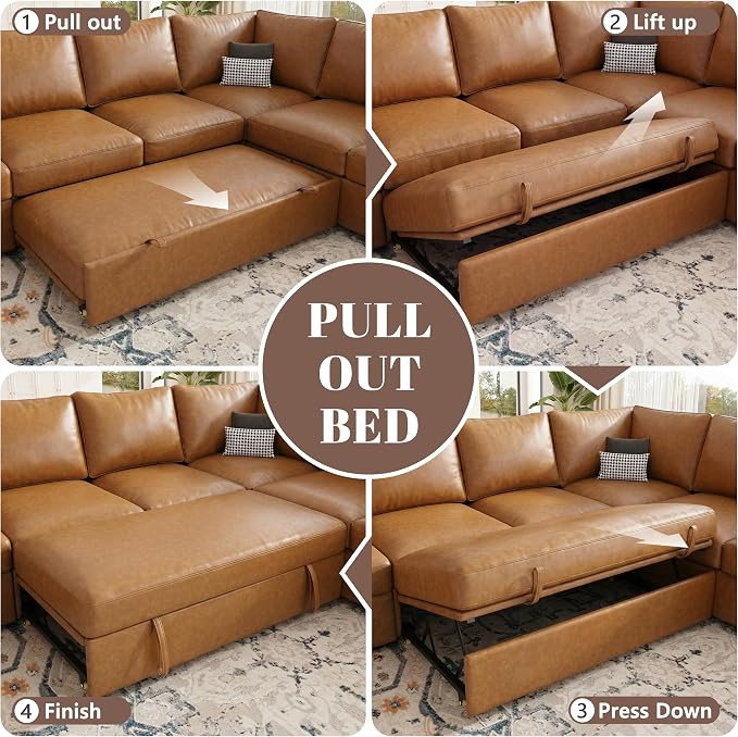85 Inch Faux Leather Modular Sectional Sofa with Pull Out Bed, L Shaped 5 Seat Sectional Sleeper Sofa with Storage, Sectional Couches for Living Room, Cloud Modular Couch,Brown Leather