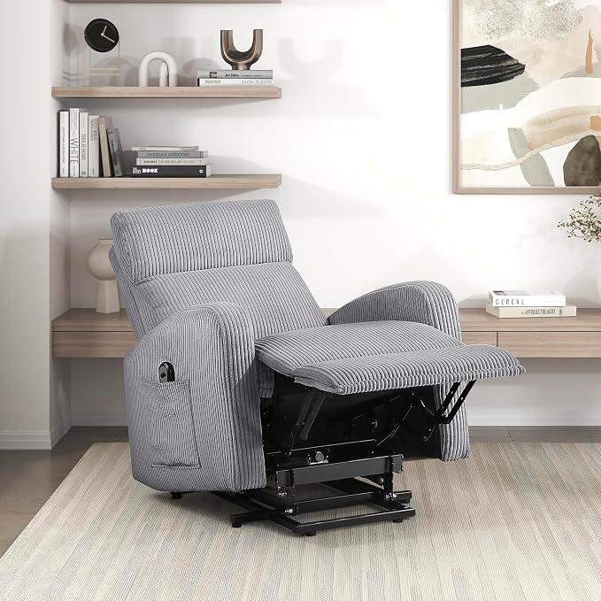 Lexicon Power Lift Recliner Chair for Elderly with Remote Control, Gentle Lift Motion, Side Pocket Armrest, Corduroy Upholstered Electric Recliner for Living Room/Bedroom, Easy Assembly, Dark Gray