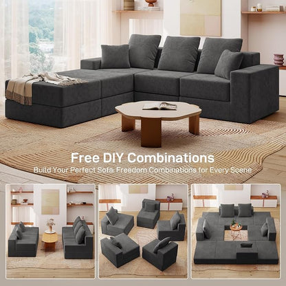 Living&Giving 101" U-Shaped Cloud Sectional Couch for Living Room, Cloud Boneless Couch-No Assembly with Reversible Chaise, Customizable 3-Seat Modular Sectional Sofa with 2 Ottoman,Dark Grey