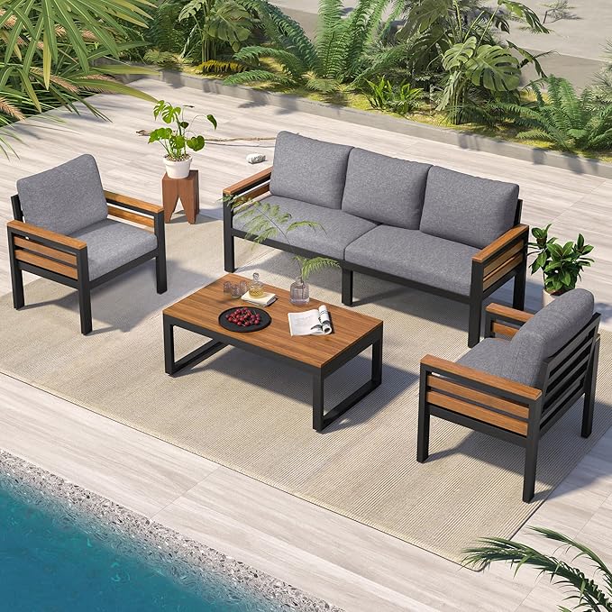 VilroCaz 4-Piece Outdoor Patio Furniture Sectional Sofa Set with Acacia Wood Armrests, All-Weather Conversation Set with Removable Cushion and Solid Wood Coffee Table for Garden Backyard (Grey-TH)