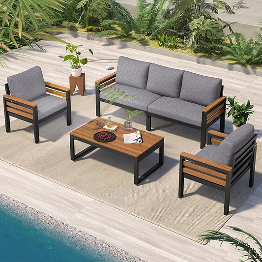 VilroCaz 4-Piece Outdoor Patio Furniture Sectional Sofa Set with Acacia Wood Armrests, All-Weather Conversation Set with Removable Cushion and Solid Wood Coffee Table for Garden Backyard (Grey-TH)