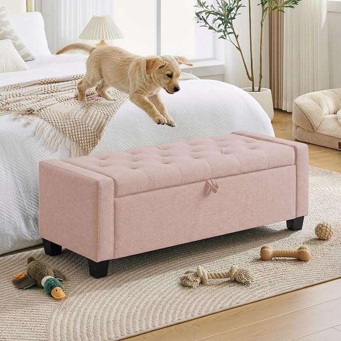 Huatean Home 43" Ottoman with Storage, Pink Storage Ottoman Bench with Safety Hinge, Upholstered Entryway Bench with Seating for Bedroom, Living Room, Holds up to 330 lb