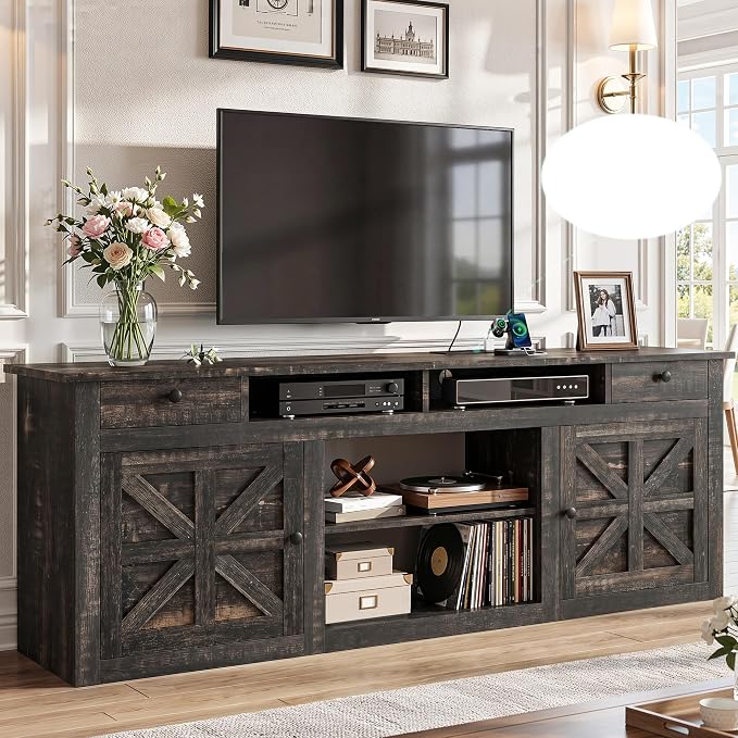 YITAHOME 70" Farmhouse TV Stand for 75/80 Inch TVs, Entertainment Center with Drawers, Adjustable Shelves & Built-in Power Outlet, Stable Anti-Tip TV Console Cabinet for Living Room, Rustic Oak