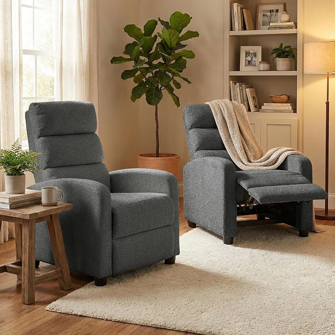 Furnimart 2-Piece Manual Recliner Chair for Small Spaces, Chenille Reclining Chair with Chunky Cushion, Comfortable Single Sofa for Adults, Ideal for Living Room, Bedroom, Home Theater, Gray