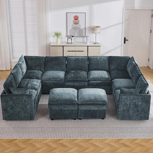 130" Blue Oversized Modular Storage Sofa, U Shaped Chenille Cloud Couch | Oversized Convertible Sectional Sofa, 9-Seat Sectional Couch With 2 Ottomans, Large Cloud Couch For Living Room, Apartment.