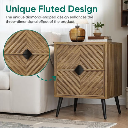 Smuxee Walnut Wooden Nightstand with 2 Drawers, Mid Century Night Stand with Fluted Diamond Doors, Bedside Table with Metal Feet, Modern End Side Table for Bedroom