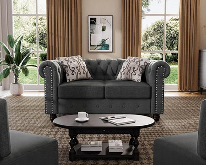 Morden Fort Classic Chesterfield Loveseat Set 60'', Tufted Loveseat Sofa Set with Solid Wood Legs Thick Cushion, Pet-Friendly Deep Seat Sofa Couch for Living Room Bedroom Apartment - Linen Grey