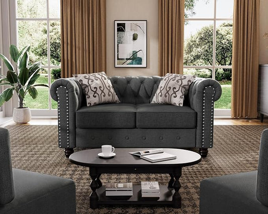 Morden Fort Classic Chesterfield Loveseat Set 60'', Tufted Loveseat Sofa Set with Solid Wood Legs Thick Cushion, Pet-Friendly Deep Seat Sofa Couch for Living Room Bedroom Apartment - Linen Grey