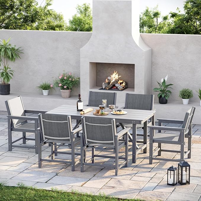 Amopatio HDPE Patio Dining Chair Set of 2 with Armrests - Textilene Outdoor Chair with Wide Seat for Poolside, All Weather UV Resistant Heavy Duty Patio Chair for Backyard Balcony & Deck(Gray)