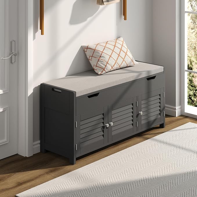 ChooChoo 41.3" Shoe Storage Bench with Lift Top Storage, Entryway Bench with Cushioned Seat, Adjustable Shelf, Shoe Cabinet with Hidden Space, for Entryway, Bedroom, Living Room, Black