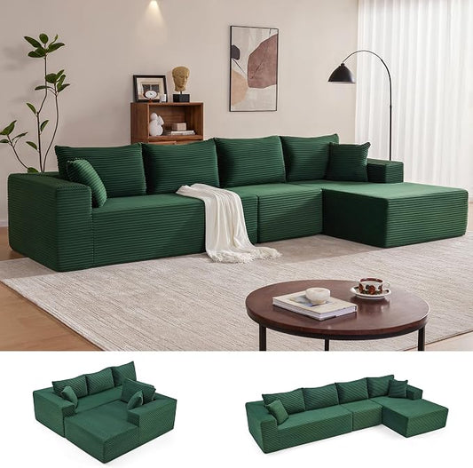 Mangodan 140” Cloud Sectional Couch, Boneless Sofa for Living Room, Modular Sectional Sofa with Deep Seat, Comfy Fluffy L-Shaped Couch with Right-Facing Chaise, No Assembly Required, Green