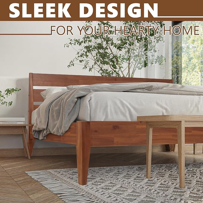Acacia Emery Bed Frame with Headboard Solid Wood Platform Bed, Queen Size Bed Frame, Mid - Century Modern Wood Bed Compatible with All Mattresses, Easy Assembly, Non-Slip, Walnut