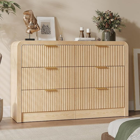 Decofy Fluted Drawers Dresser for Bedroom, Wood Dressers with Gold Handles, Modern Dressers with Wave Texture, Large Storage Chest of Drawers, Bedroom Dresser Organizer 47'' & 6 Drawers (Natural Oak)