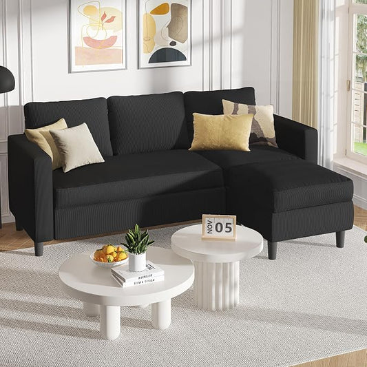 Shintenchi Modern Upholstered Sectional Sofa, L-Shaped Couch with Movable Ottoman and Reversible Chaise for Living Room, Black Corduroy Fabric