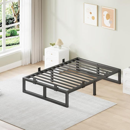 Twin Bed Frames, 12 Inch Metal Platform Bed Frame with Squeak Free U-Slot Design, 6 Non-Slip Guards, 3500lbs Heavy Duty Steel Slat Support, No Box Spring Needed, Under Bed Storage, Black