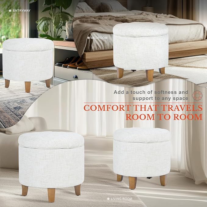 HomePop 19" Button Tufted Round Storage Ottoman - Cream Textured Solid