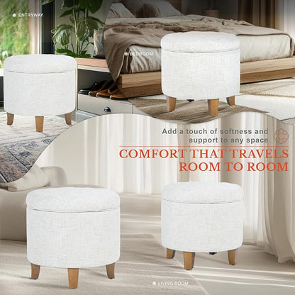 HomePop 19" Button Tufted Round Storage Ottoman - Cream Textured Solid