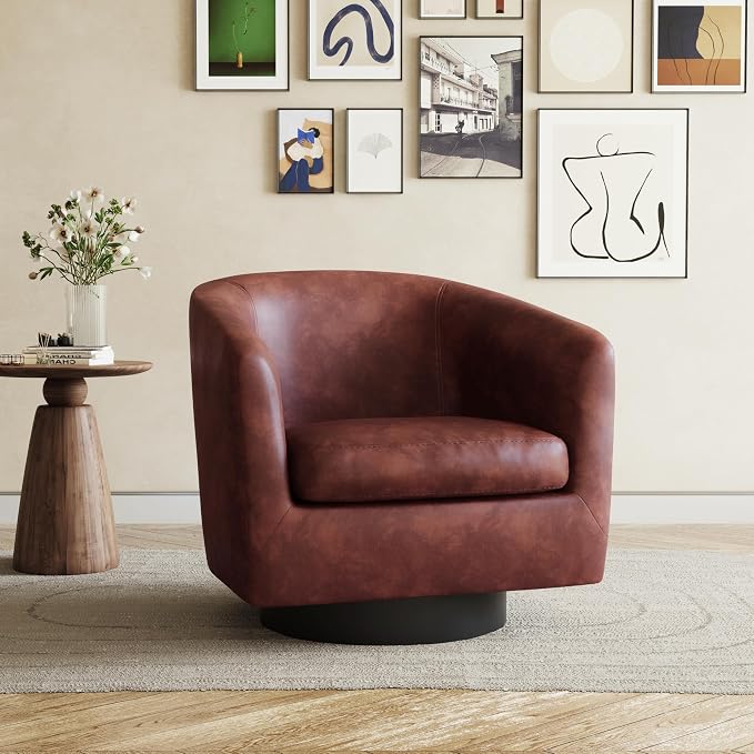 360° Swivel Barrel Accent Chair Armchair, PU Leather Round Club Arm Chair for Lving Room, Modern Upholstered Small Bedroom Single Sofa Seat - Red Brown, Set of 1