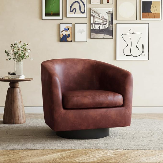 360° Swivel Barrel Accent Chair Armchair, PU Leather Round Club Arm Chair for Lving Room, Modern Upholstered Small Bedroom Single Sofa Seat - Red Brown, Set of 1