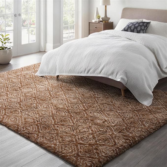 Ophanie Brown and White Diamond Striped Rugs for Living Room 5x7,Fluffy Shag Large Fuzzy Plush Soft Carpets,Shaggy Rugs for Bedroom,Carpet for Kids Boys Girls Dorm Decor with Over 99 pcs Pile fibers
