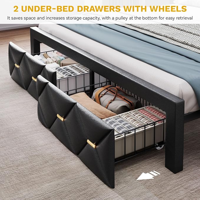 YITAHOME Queen Size Bed Frame with 2 Storage Drawers and Storage Headboard, Upholstered Platform with Charging Station and LED Light, No Box Spring Needed, Noise Free, Easy Assembly, PU Leather Black