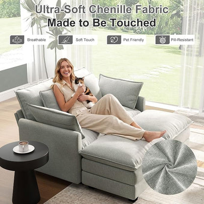 58" Cloud Couch Loveseat, Deep Seat Modular Sectional Sofa with 4 Removable Washable Pillows and 2 Ottoman for Living Room, Bedroom, Apartment, Light Grey
